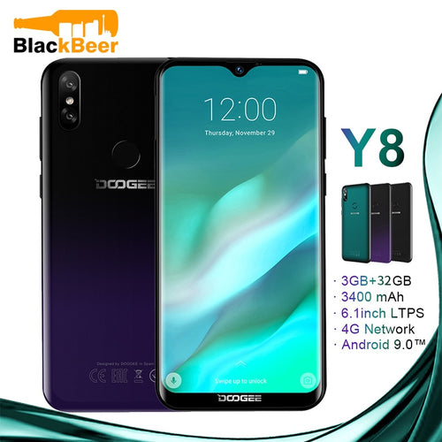 DOOGEE Y8 Y 8 Android 9.0 Cellphone FDD LTE 6.1 Inch Smartphone MTK6739 Quad Core 3GB RAM 32GB ROM 3400mAh Mobile Phone Face ID